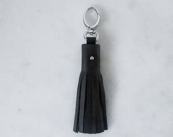 Handmade Black Leather Tassel / Fringe Tassel / Purse Charm / Keychain Charm // Zipper Pull