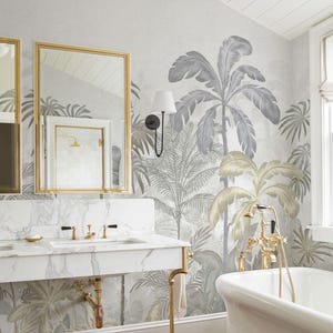 Papier peint tropical neutre, design jungle coloré moderne, élégant papier peint tropical palmier pour mur d&#39;accent de salon ou de chambre à coucher