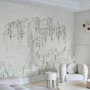 Willow Tree Wall Mural – Neutral Botanical Landscape Wallpaper with Pastel Tones for Bedroom, Living Room or Modern Interiors, 5-180