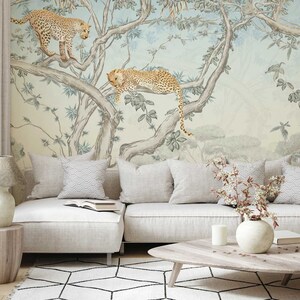 Vintage Chinoiserie Tapete - Botanische Waldszene mit Leoparden auf Bäumen, Retro Style Wandbild für Schlaf- und Wohnzimmer