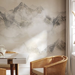 Mountain removable wallpaper handmade by the artist, scenic painting wallpaper, vintage landscape, beige, ombre mountain, wall art decor