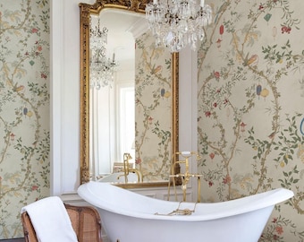 Chinese Bird Wallpaper for Bathroom, Botanical Wall Panels, Oriental Floral Decor for Powder Room