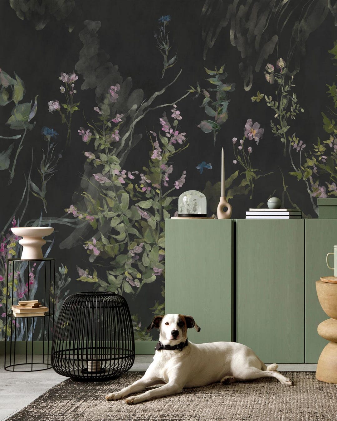 Dark Botanical Wall Mural – Black Floral Wallpaper With Watercolor ...