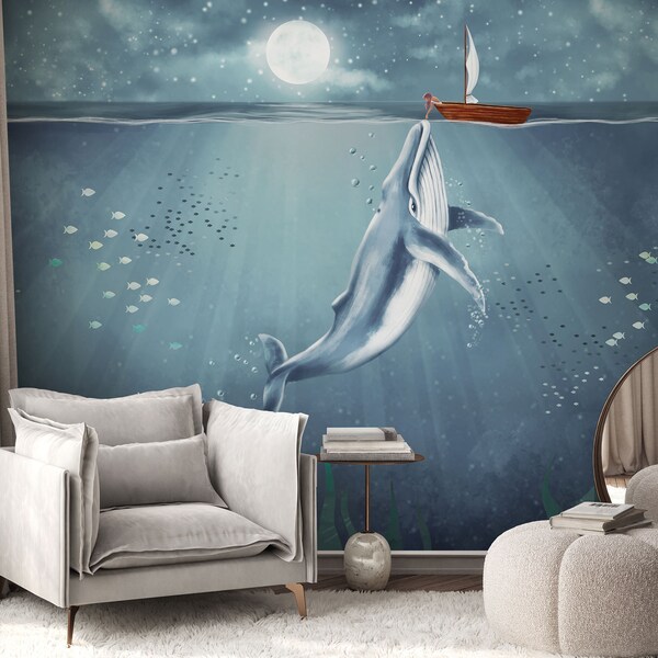 Animal wallpaper for kids room and nursery with whale, Peel and stick removable wallpaper. Vinyl wallcovering, Ocean nursery decor