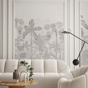 Palm Trees Wallpaper, Tropical Forest Wall Covering, Gray and White Botanical Wall Mural for Modern Interiors, Living Rooms, and Bedrooms
