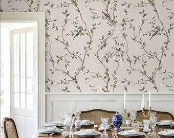 Chinoiserie Wallpaper for Dining Room, Bird Wallpaper, Botanical Wallpaper, Japanese Branch Wall Panels