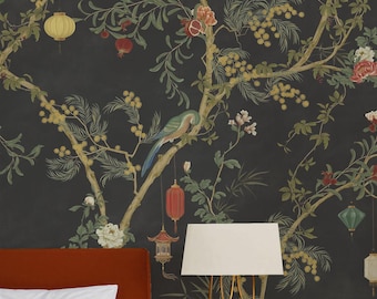 Dark Chinoiserie Wallpaper, Botanical Bird Pattern, Moody Floral Panels, 24 Inch Ready to Install, Peel and Stick or Traditional