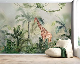 Giraffe Jungle Nursery Wallpaper, Safari Animal Wall Mural, Tropical Kids Room Decor