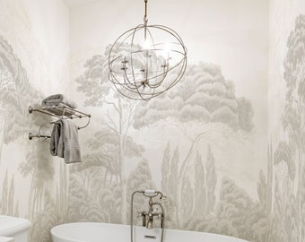 Tree landscape wallpaper for powder room or bathroom, botany wallpaper, forest wallpaper, temporary mural, renter friendly wall decor 5-138