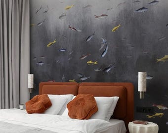 Underwater Ocean Mural – Moody Sea Life Wallpaper with Swimming Creatures for Modern Bedroom Decor, 5-152K-4