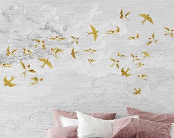 Vintage Bird Wallpaper – Neutral Mural with Swallows and Clouds, Elegant Hand-Drawn Design for Calm Modern or Classic Bedroom 5-113с1
