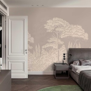 Beige Forest Wallpaper with Trees, Japandi Style Neutral Wall Mural for Bedroom or Living Room, Modern and Minimal Nature Interiors