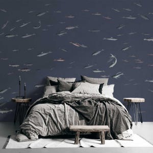 Coastal Blue Fish Ocean Peel and Stick Removable Wallpaper, Blue and Grey Self Adhesive Wallpaper, Temporary Wall Mural