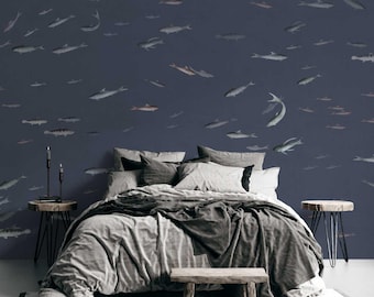 Coastal Blue Fish Ocean Peel and Stick Removable Wallpaper, Blue and Grey Self Adhesive Wallpaper, Temporary Wall Mural