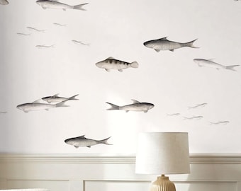 Fish Pattern Panels, Neutral Pond Decor, Coastal Paneling, Traditional Interior Decor