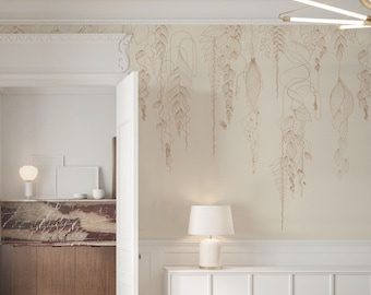 Beige gouden botanische lijnkunst behang – Japandi muurschildering met hangende bladeren, minimale neutrale accentmuur, 5-124 kleur 5