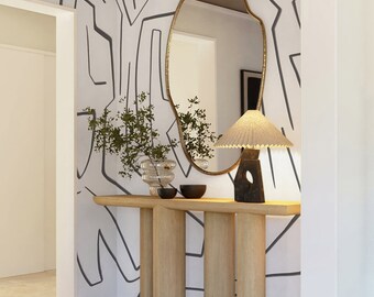 Mural de pared autoadhesivo de líneas en blanco y negro, calcomanía de pared abstracta neutra despegable y pegable, papel tapiz extraíble de diseño minimalista