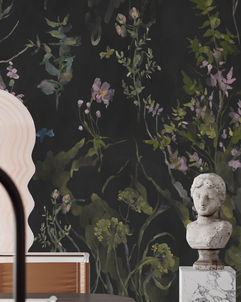 Dark Botanical Wall Mural – Black Floral Wallpaper With Watercolor ...