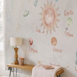 Carta da parati rimovibile con galassia spaziale, carta da parati con sistema solare per la cameretta dei bambini, carta da parati per bambini staccabile e attaccabile, carta da parati beige con stelle e pianeta