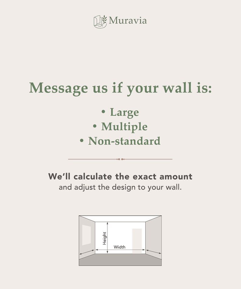 Puede incluir: Un gr&aacute;fico informativo con fondo claro y texto oscuro. Incluye el logotipo de Muravia, el texto Message us if your wall is: Large, Multiple, Non-standard, y un diagrama que muestra una pared con etiquetas de altura y anchura.