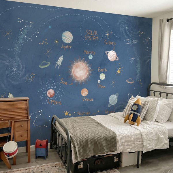 Solar System Wallpaper for Kids Room, Space Wall Mural for Boys Bedroom, Blue Planet Wallpaper, Peel and Stick Wallpaper