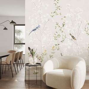 Carta da parati Chinoiserie, Carta da parati botanica con uccelli, Carta da parati con foglie, Carta da parati grigia per la camera da letto con uccelli e foglie, Stile orientale