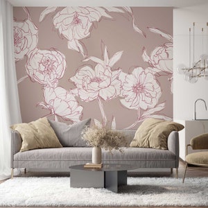 Large white peony floral wallpaper, peel and stick or traditional wallpaper, floral wall mural, removable and rental wallpaper