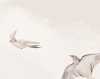 Beige Swallow Wall Mural, Watercolor Birds and Clouds, Neutral Classic Wallpaper for Living Room or Bedroom, 7-145-1