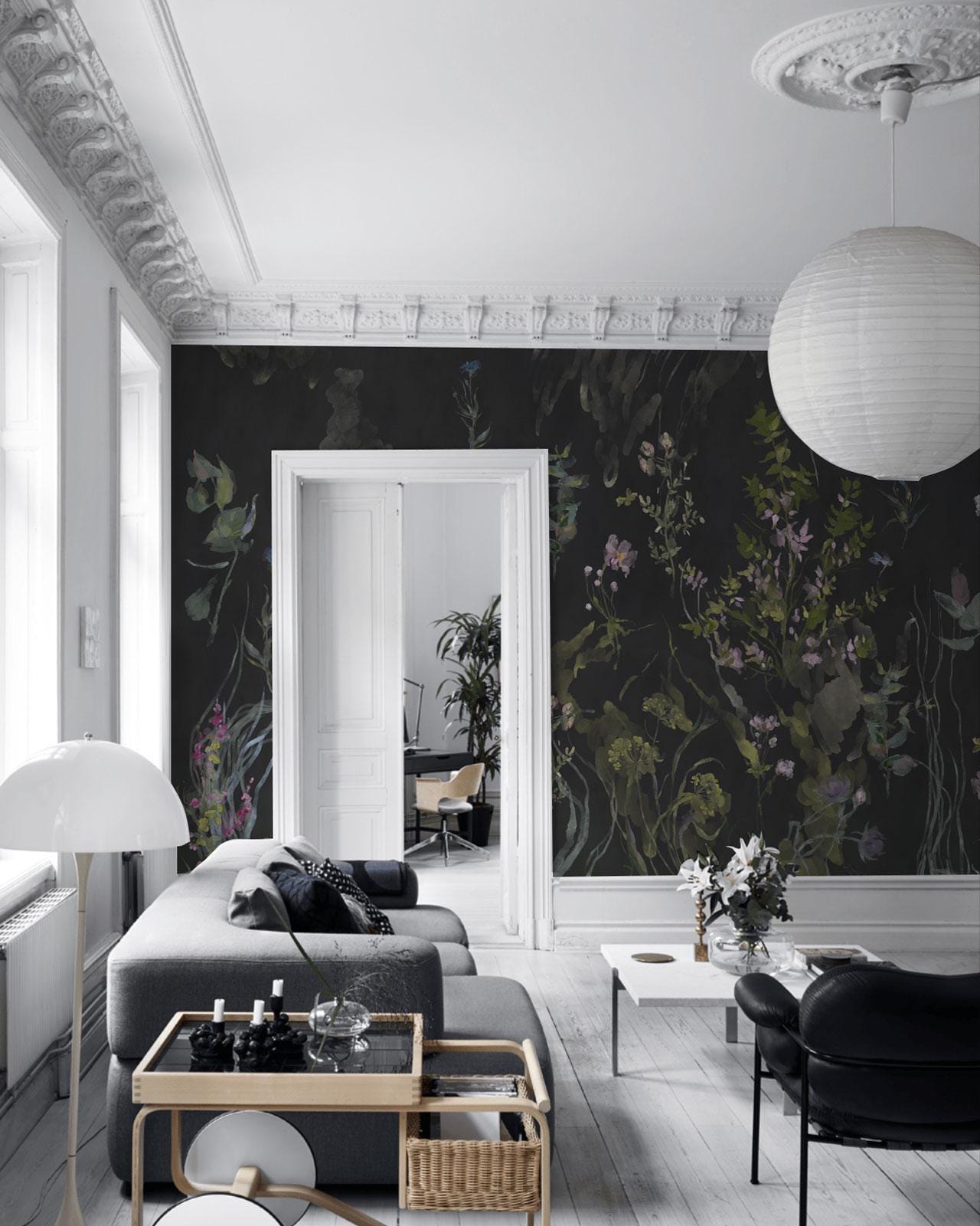 Dark Botanical Wall Mural – Black Floral Wallpaper With Watercolor ...
