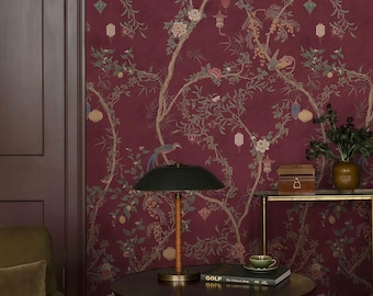 Burgunder Vogel Tapete, Chinesische Botanische Wandpaneele, Orientalische Tapete für Wohnzimmer