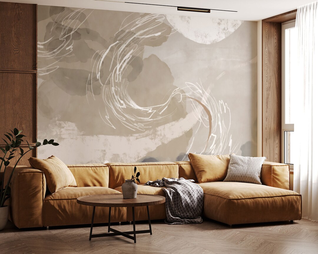 Abstract Modern Earthy Wallpaper Peel and Stick, Canvas, Beige, White