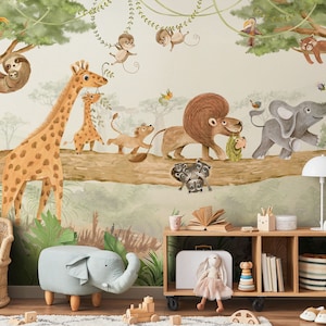 Carta da parati SAFARI per bambini, carta da parati con animali della giungla per bambini con giraffa, elefante, leone, scimmia, albero per la cameretta dei bambini