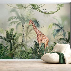 Tropical Wallpaper with Palm and Giraffe, Сhildren&#39;s palm tree wallpaper, Jungle Wall Mural, Safari Animal Adventure Wallpaper