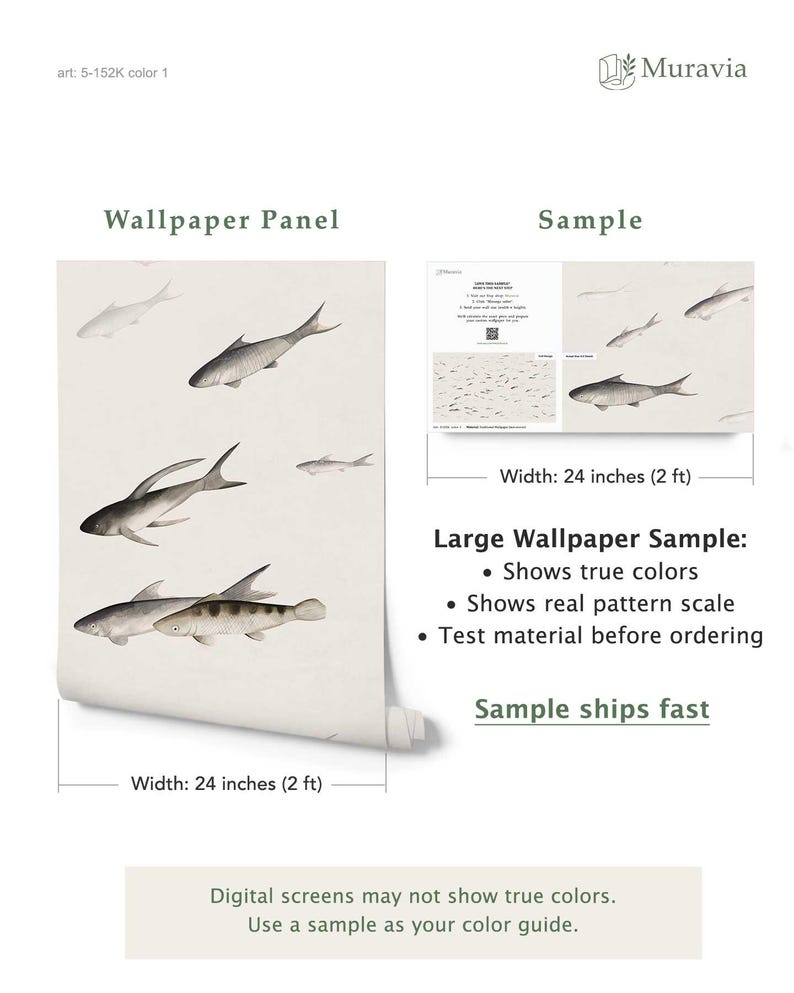 Fish Wallpaper Mural, Neutral Sardines Wall Design, Minimalist Pond Panels, Ready to Install, Peel and Stick or Traditional Sample