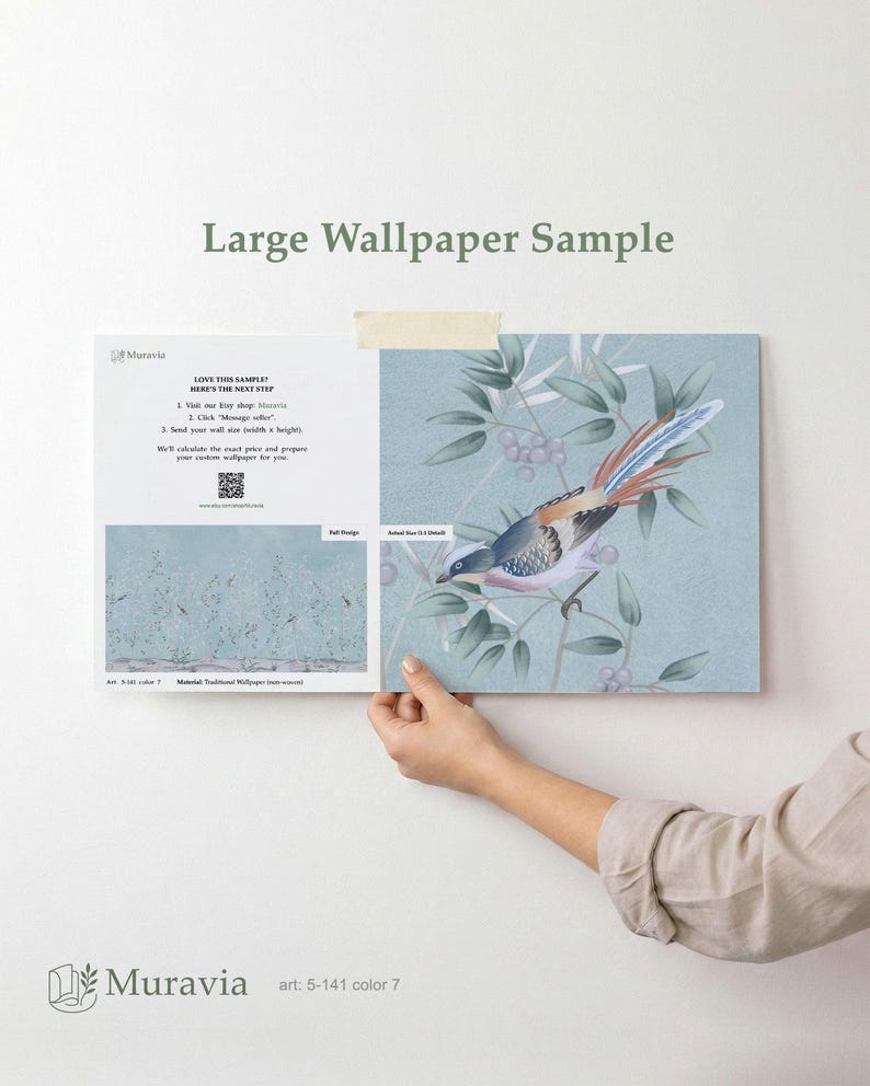 Mural de pared chinoiserie azul, papel tapiz de aves botánicas, elegante diseño floral para dormitorio o sala de estar, autoadhesivo o tradicional. imagen 8