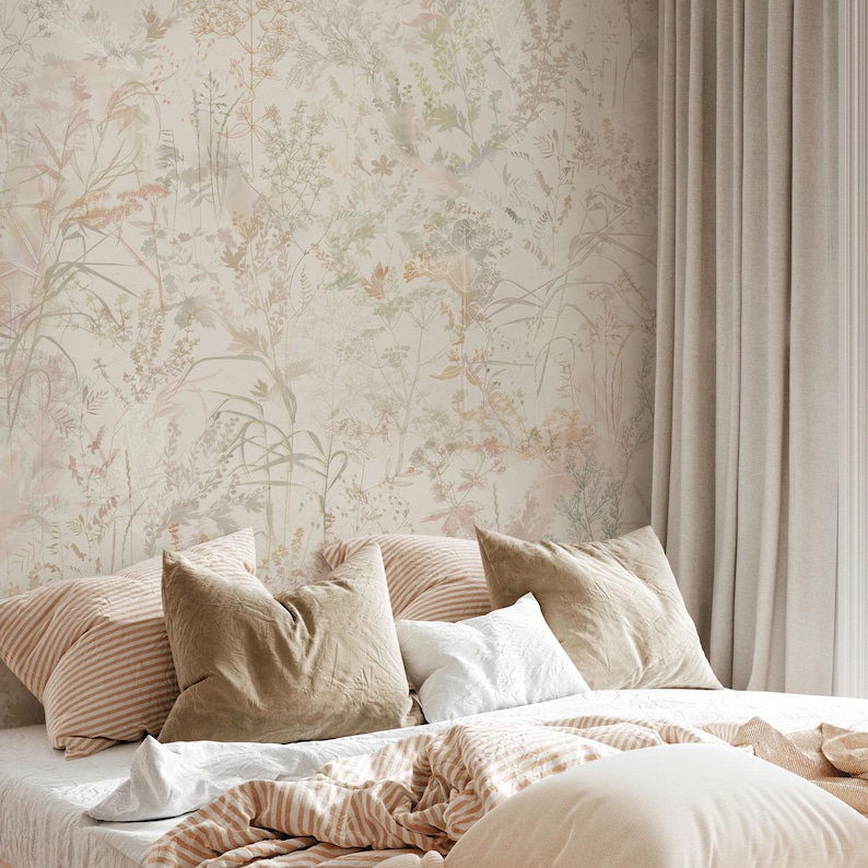 Peel and Stick Floral Wallpaper, Botanical Bedroom Wallpaper, Neutral ...