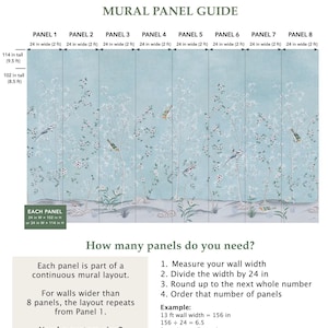 Puede incluir: Una gu&iacute;a de paneles murales Muravia que muestra ocho paneles verticales de un mural de pared azul claro con ramas de &aacute;rboles blancas, flores y p&aacute;jaros peque&ntilde;os. La gu&iacute;a incluye instrucciones, anchos de panel de 61 cm y alturas de 259 o 290 cm.