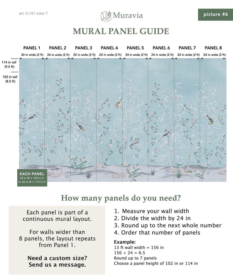 Puede incluir: Una gu&iacute;a de paneles murales Muravia que muestra ocho paneles verticales de un mural de pared azul claro con ramas de &aacute;rboles blancas, flores y p&aacute;jaros peque&ntilde;os. La gu&iacute;a incluye instrucciones, anchos de panel de 61 cm y alturas de 259 o 290 cm.