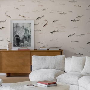 Fish Wallpaper Mural, Neutral Sardines Wall Design, Minimalist Pond Panels, Ready to Install, Peel and Stick or Traditional Kelsey W19'10"*H8'4"