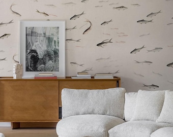 Fish Wallpaper Mural, Neutral Sardines Wall Design, Minimalist Pond Panels, Ready to Install, Peel and Stick or Traditional