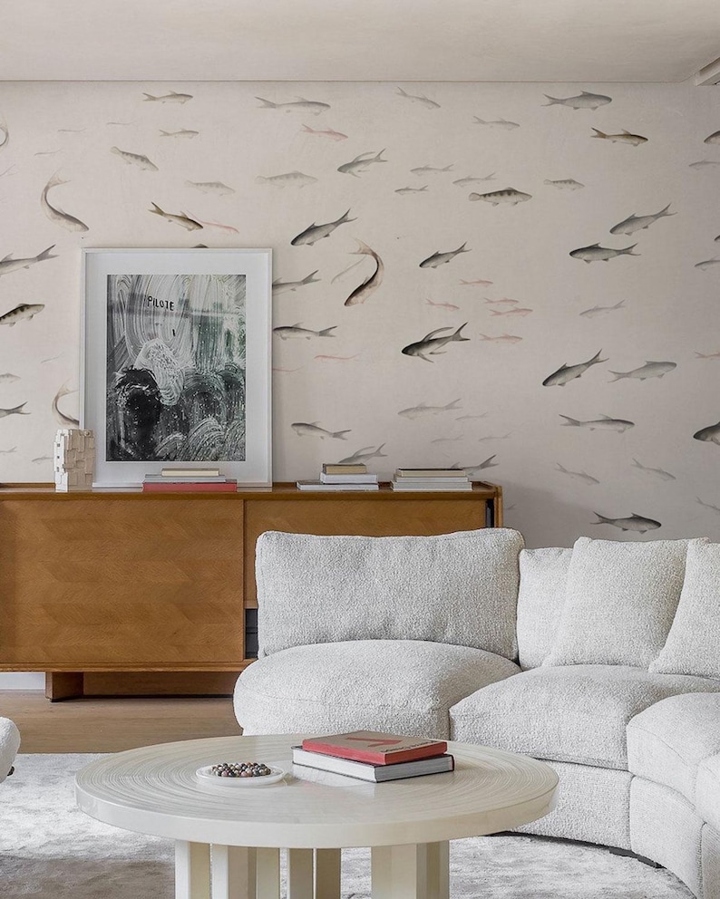 Fish Wallpaper Mural, Neutral Sardines Wall Design, Minimalist Pond Panels, Ready to Install, Peel and Stick or Traditional Kelsey W19'10"*H8'4"