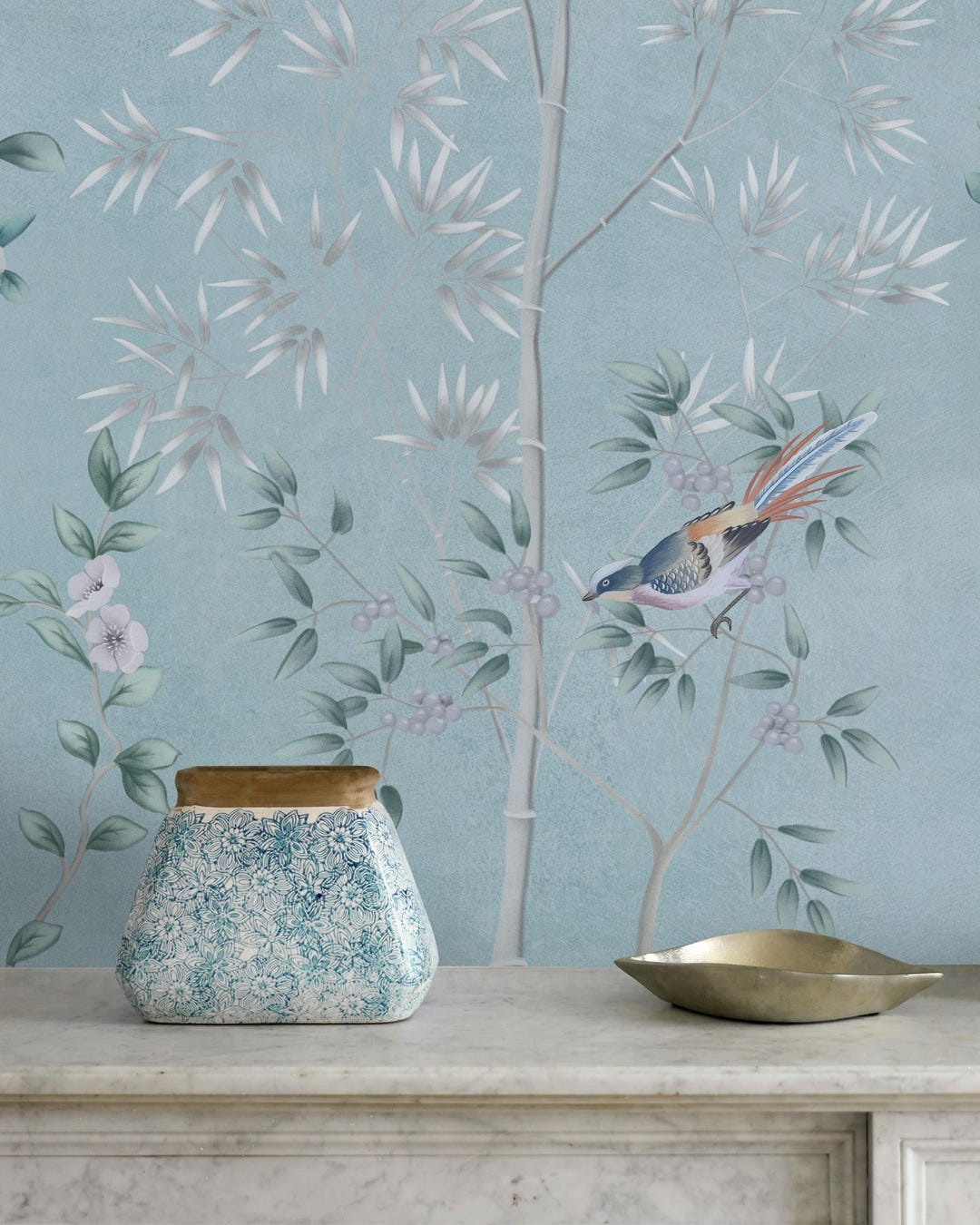 Blue Chinoiserie Wallpaper With Birds & Bamboo, Elegant Botanical ...