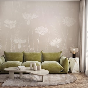 Beige Wildflower Wallpaper with Botanical Floral Pattern – Modern Wall Mural for Bedroom, Living Room or Calm Neutral Accent Wall 7-142с2