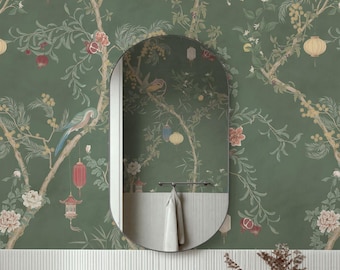 Papel pintado verde oscuro para baño, arte mural de estilo chinoiserie, paneles botánicos con motivos de aves para el tocador.
