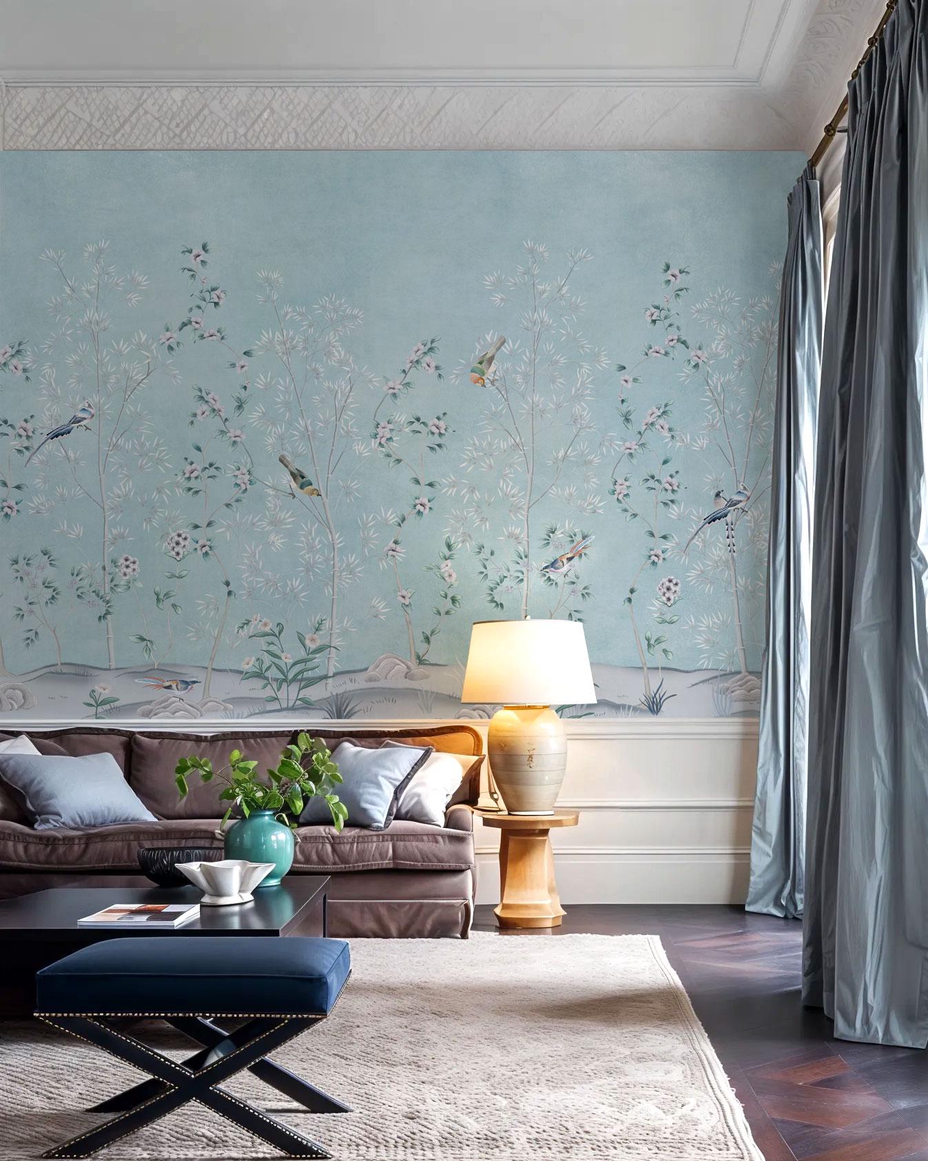 Garden Bird Wallpaper Panels, Chinoiserie Wall Art, Botanical Living Room Mural, Soft Blue Decor