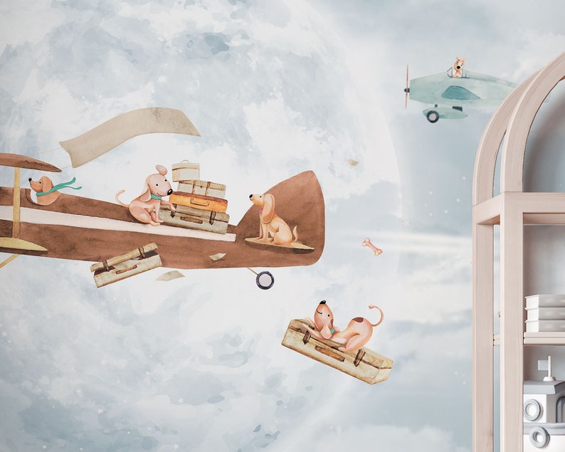 Hot Air Balloon Airplane Wallpaper Aircraft Nursery Full Moon Etsy