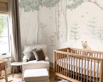 Whimsical Forest Animal Wallpaper – Soft Woodland Mural with Deer & Bear for Nursery, Kids Room or Neutral Scandinavian Interior