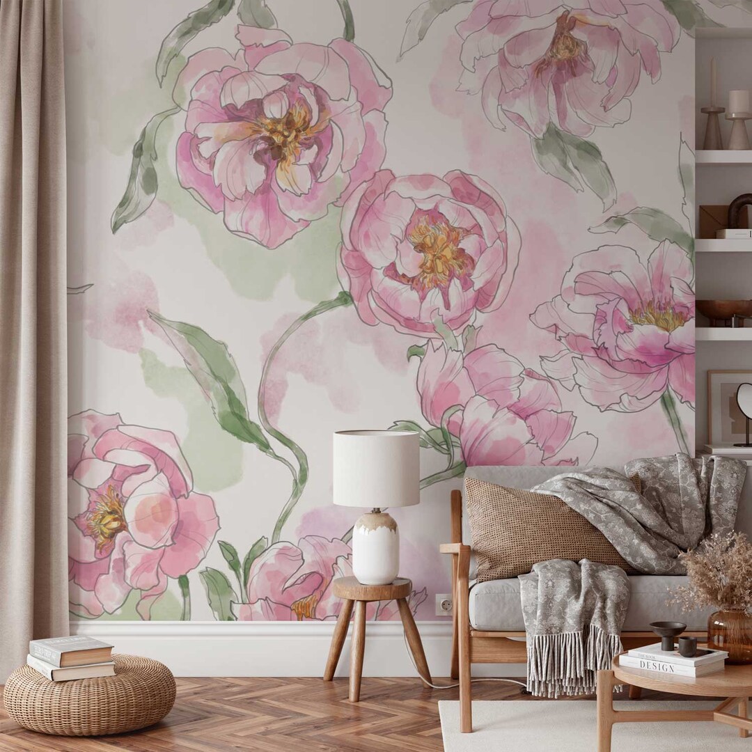 Large Pink Peony Floral Wallpaper, Floral Wall Mural, Removable and ...
