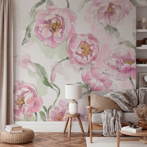 Papel tapiz floral de peonía rosa grande, mural de pared floral, papel tapiz extraíble y de alquiler, papel tapiz rosado para dormitorio o habitación infantil