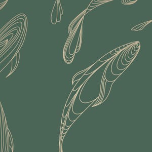 Golden fish wallpaper, green dark mural with fish, peel and stick or traditional wall mural.